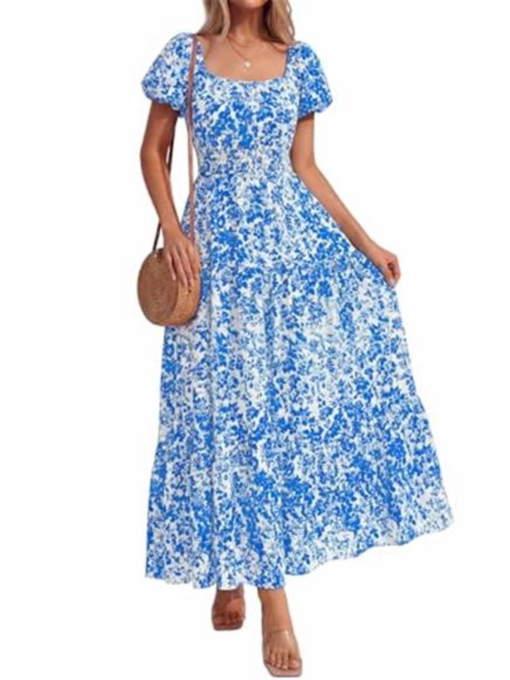 Women's Summer Dress Floral Short Sleeve Casual Flowy Maxi Dress